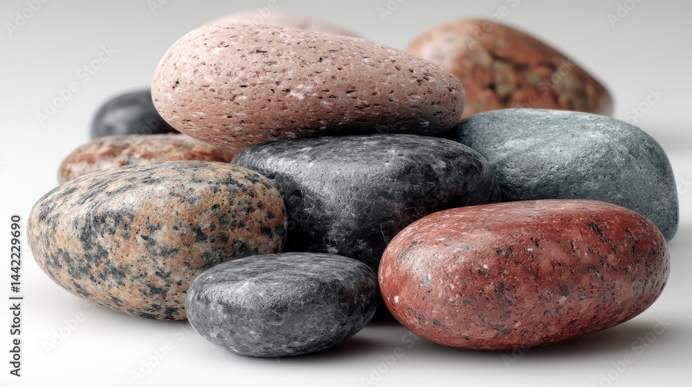 a collection of smooth stones on a white isolated background, natural and calming look a collection of smooth stones on a white isolated background, natural and calming look
