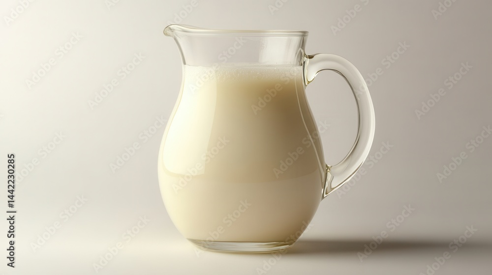 Milk is poured into a glass pitcher showcasing its smooth texture and creamy color against a neutral background Milk is poured into a glass pitcher showcasing its smooth texture and creamy color against a neutral background