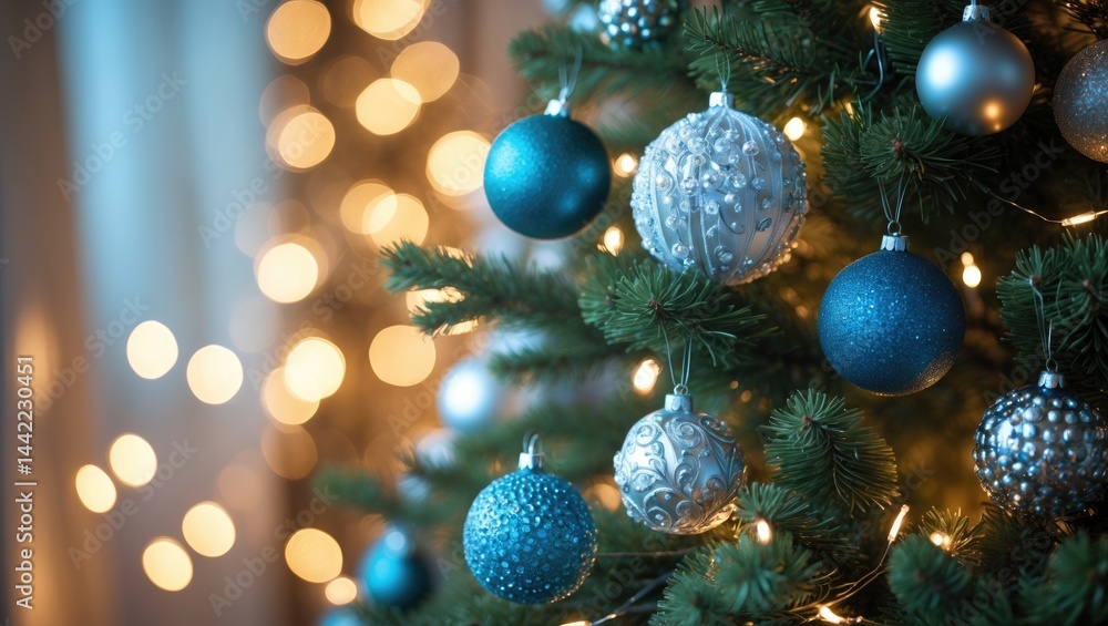 Christmas tree adorned with ornaments, garland, and balls on a golden backdrop featuring bokeh lights Christmas tree adorned with ornaments, garland, and balls on a golden backdrop featuring bokeh lights