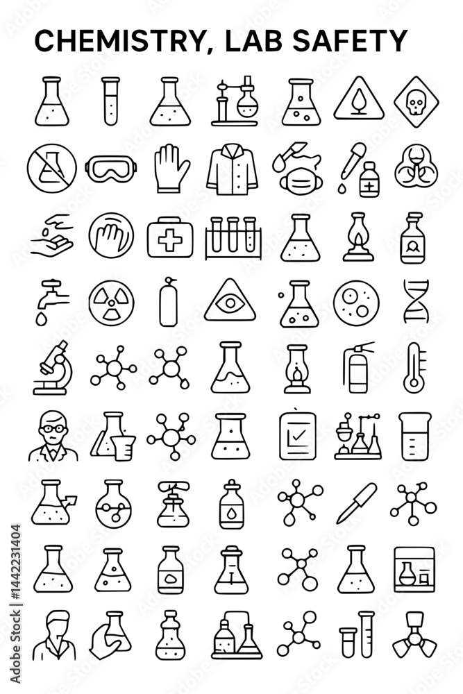 Chemistry Lab Safety Icons.chemistry, lab, safety, laboratory, science, experiment, beaker, flask, test tube, hazard, warning, skull, flammable, toxic, goggles, gloves, lab coat, mask, dropper, biohaz Chemistry Lab Safety Icons.chemistry, lab, safety, laboratory, science, experiment, beaker, flask, test tube, hazard, warning, skull, flammable, toxic, goggles, gloves, lab coat, mask, dropper, biohaz