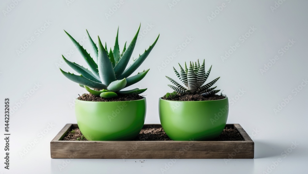 Isolated succulents in a green pot on a white background. Plants in a wooden box. Houseplants in pots. Isolated succulents in a green pot on a white background. Plants in a wooden box. Houseplants in pots.