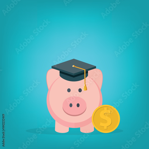 Graduation cost, expensive education, scholarship loan budget, education savings and investment concept. Piggy bank in flat design.