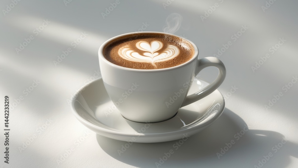 Fototapeta premium Hot coffee cappuccino latte art displayed on a neutral background.