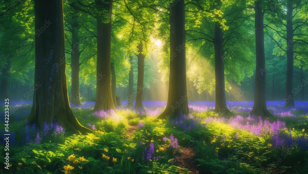 Obraz premium The beauty of morning light filtering through the crisp air and verdant beech trees in a forest known for its vibrant bluebell flowers in spring