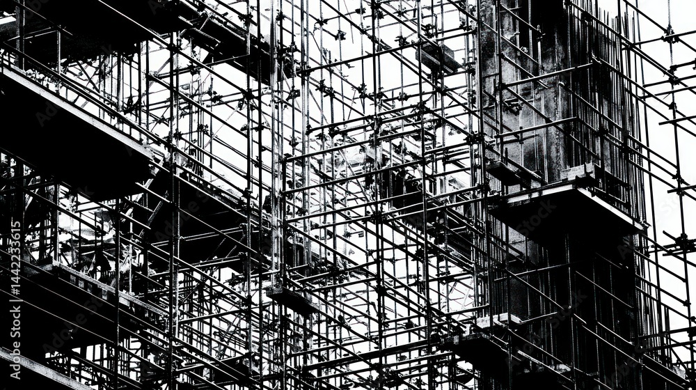 A complex network of scaffolding surrounding a building structure A complex network of scaffolding surrounding a building structure