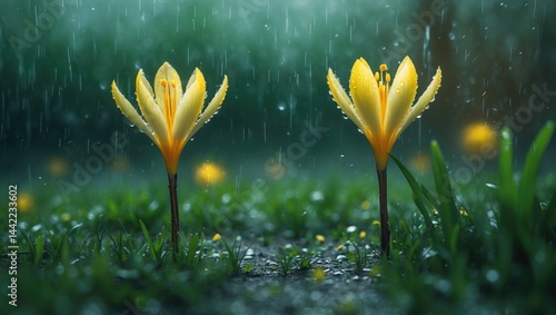 The garden's early spring flowers: yellow crocus and the rain of the season.