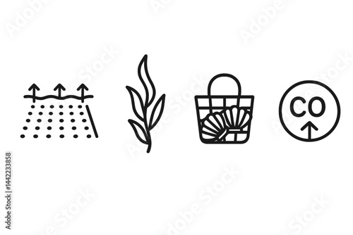 Icons of blue food are joining together with grid, rope, basket, and sink