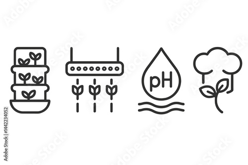 Icons representing indoor herbs are combining elements of tower, light, pH, and taste