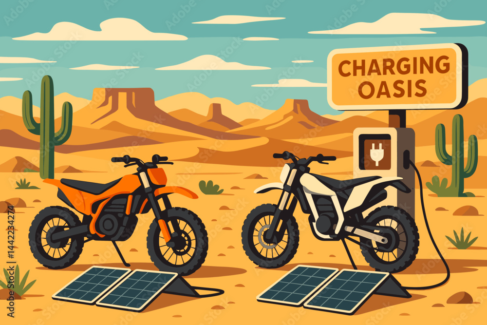 Fototapeta premium The adventure-tech scene is depicted as flat, featuring bikes, solar blankets, and a horizon with dunes