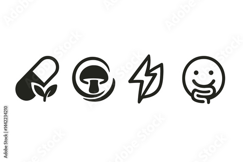 Icons of wellness include capsule, adaptogen, bolt, and gut