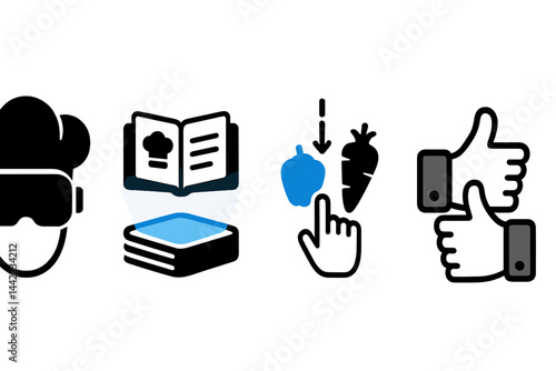 Icons of virtual cooking blend culinary tools, holographic projections, interactive elements, and user feedback