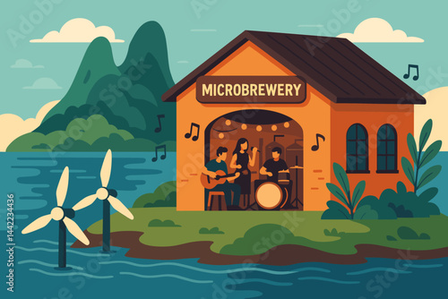 The island-brew scene is flat and features kegs, a tidal unit, and a guitar duo