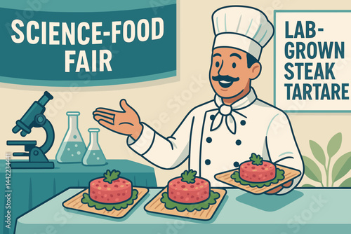 The scene depicted a flat expanse of cultured meat accompanied by microgreens, a fair booth, and several visitors