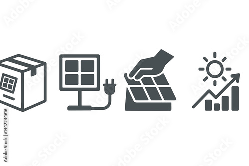 Icons representing solar DIY include kit, module, installation, and return symbols