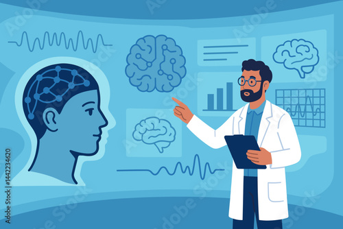 The scene depicted a flat neuro-tech setting complete with an electrodes chart, a blue glow, and an audience