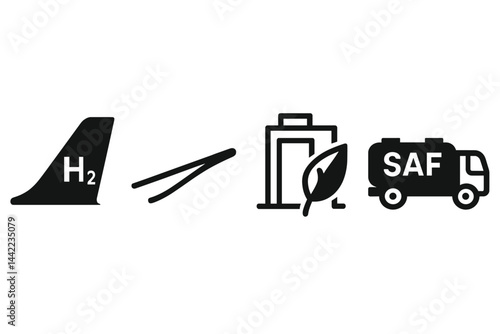 Icons that are aviation-green in color and combine elements of aircraft, exhaust, gate, and fuel are being referenced