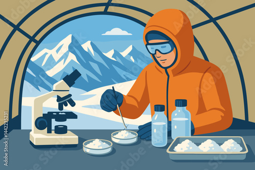 The scene depicted is a flat field laboratory setup with a filter, snow flasks, and peaks