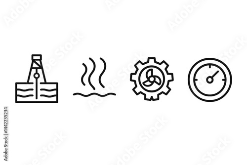 Geothermal symbols connecting rig, steam, turbine, and output