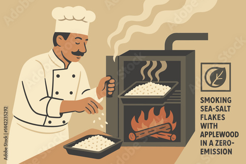 The culinary scene is depicted as flat, with salt trays, an electric smoker, and an aroma