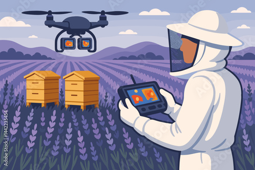 The agricultural technology landscape is depicted as flat, incorporating unmanned aerial vehicles, a heat map overlay, and rows of purple