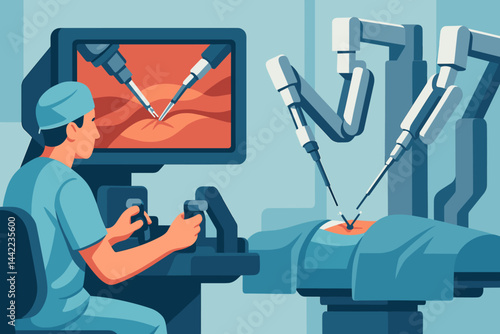 Flat illustration of a medical robotics scene showcasing precision, the use of screens, and control without human intervention