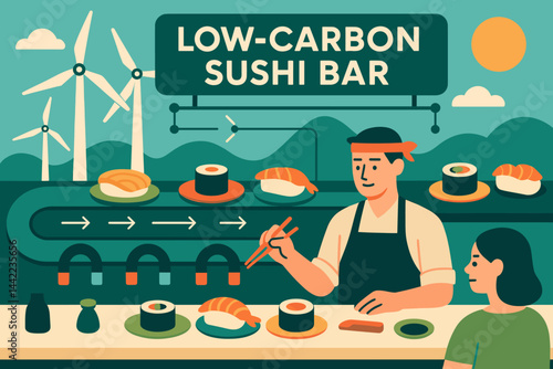 The scene in the food-tech industry is one of flatness, with sushi plates gliding by, accompanied by a turbine logo and diners