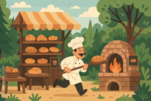 Rustic fare is presented in a flat scene with a wood-fired oven, logs, a selection of bread loaves, and a tree canopy above