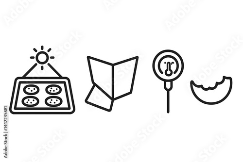 Sun-baked icons come with representations of a tray, reflector, temperature, and taste