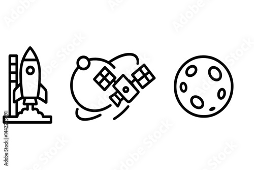 Icons of outer space depicting launch, orbit, gear, and various celestial bodies
