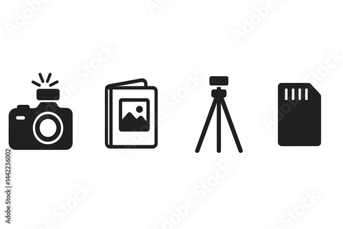 Icons for photographer's equipment are presented in a minimalist flat style
