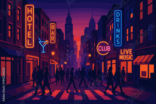 Urban evening scene with a flat perspective showcasing vibrant lights and pedestrian activity
