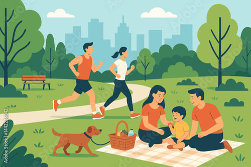 Urban recreational settings emphasizing open green spaces for leisure activities