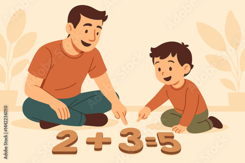 The scene depicts flat parenting and a learning environment that focuses on hands-on counting
