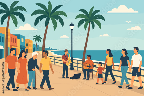 A coastal cityscape emphasizing recreation and vibrant ambiance