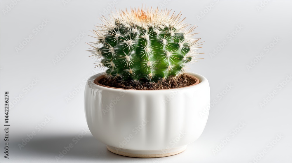 a small cactus in a white pot on a white isolated background, minimalist and fresh design a small cactus in a white pot on a white isolated background, minimalist and fresh design