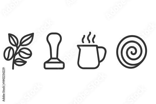 Cafe icons unite origin, brewing, frothing, and bakery treats in perfect harmony
