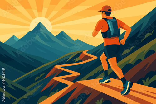 The endurance-sport scene is depicted as flat, with a focus on elevation, dawn glow, and grit