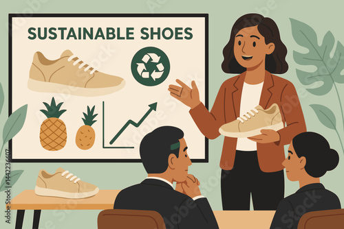 The eco-fashion scene is depicted as flat, complete with a product sample, slides, and investors