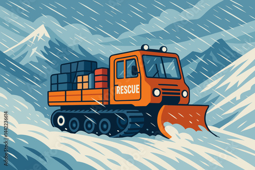 The scene depicts a flat winter relief setting with a tracked vehicle, a snowstorm, and crates of aid