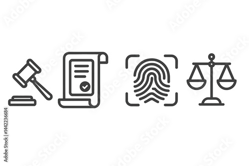 Icons of legal technology combining authority, documents, identity, and fairness