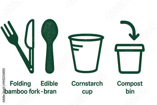 Icons representing tableware focus on environmentally friendly cutlery, cups, and waste disposal methods