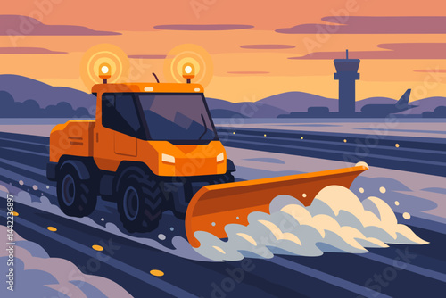 A winter scene with a driverless plow and snow spray set against a pink horizon appears flat