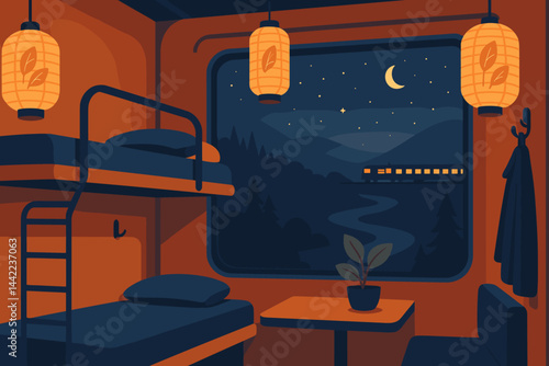 The scene is set with a slow pace, featuring flat terrain, bunk beds, and a soft glow from paper lanterns, all under the watchful gaze of moonlit peaks