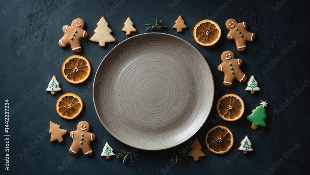 Ceramic plate with gingerbread cookies and embellishments displayed on a dark textured background Ceramic plate with gingerbread cookies and embellishments displayed on a dark textured background