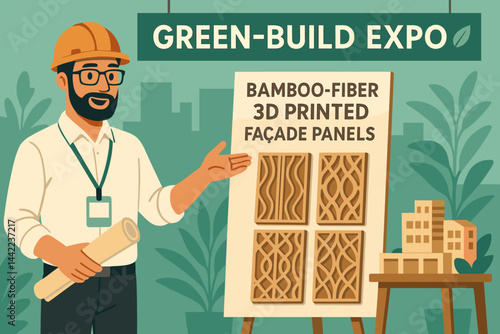 The scene features a flat build-tech setup complete with panels, a print nozzle, and an expo backdrop