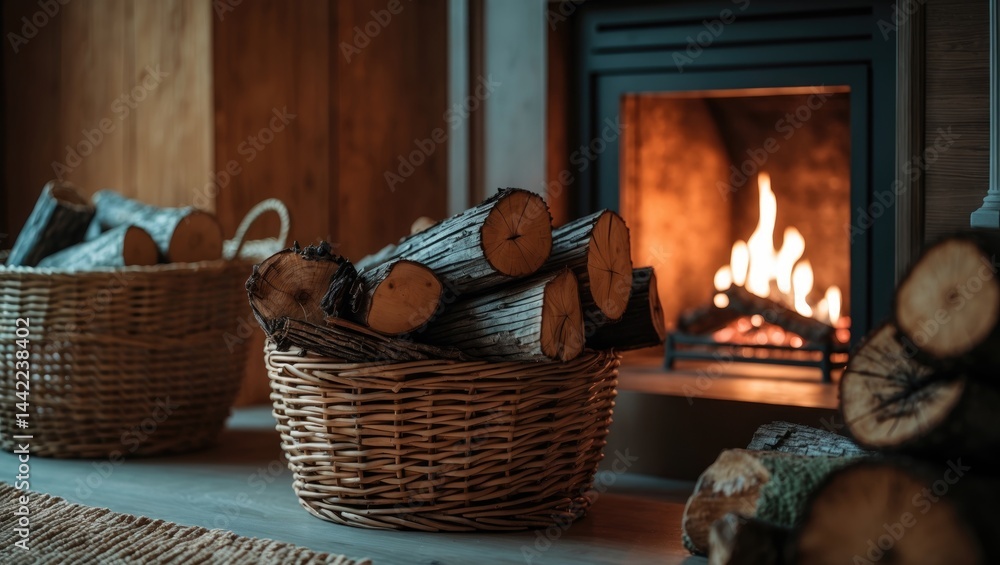 Obraz premium Firewood stored in wicker baskets near the fireplace