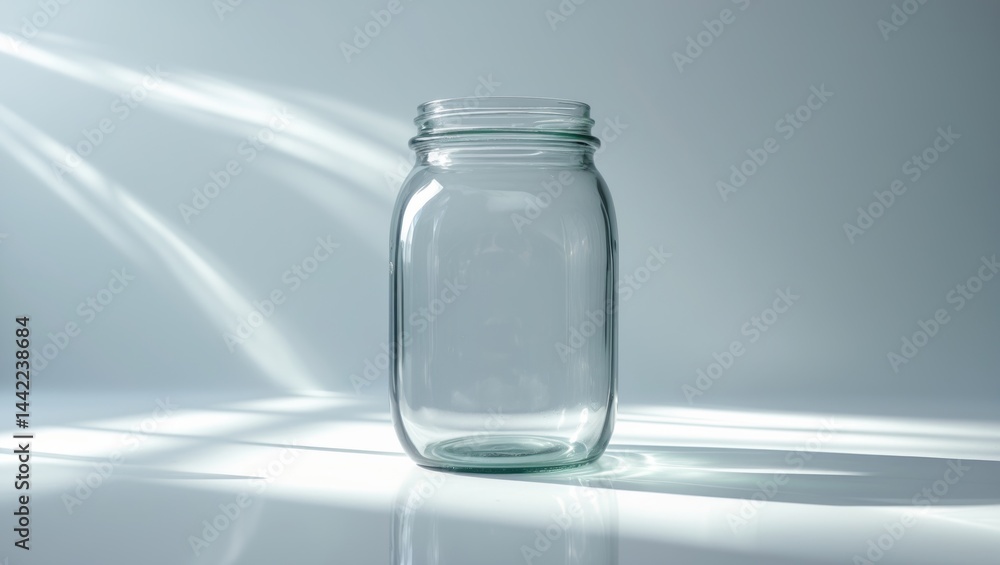 Lidless glass jar empty on white background with reflective surface Lidless glass jar empty on white background with reflective surface