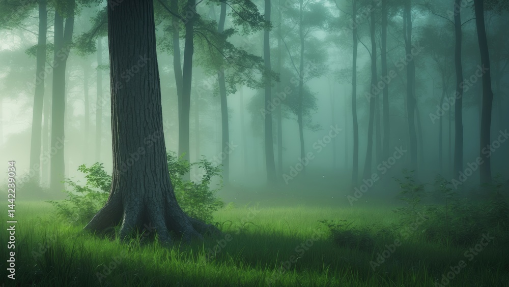Fototapeta premium A misty forest establishes a mystical setting. Sunlight breaks through the leafy cover, showcasing the trees and the undergrowth. The air is rich with the sounds of chirping birds and the fragrance