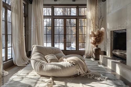 Timeless Winter Retreat: Neutral tones, linen drapes, and a cozy reading nook. 