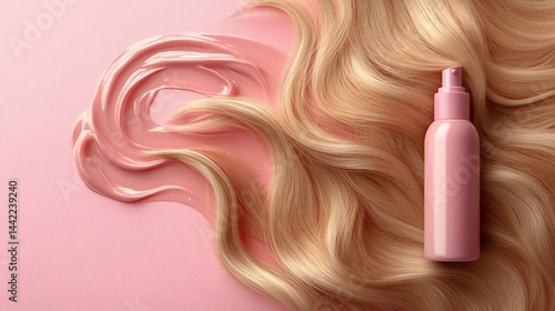 Luxury hair care product concept with pink bottle and blonde hair extensions